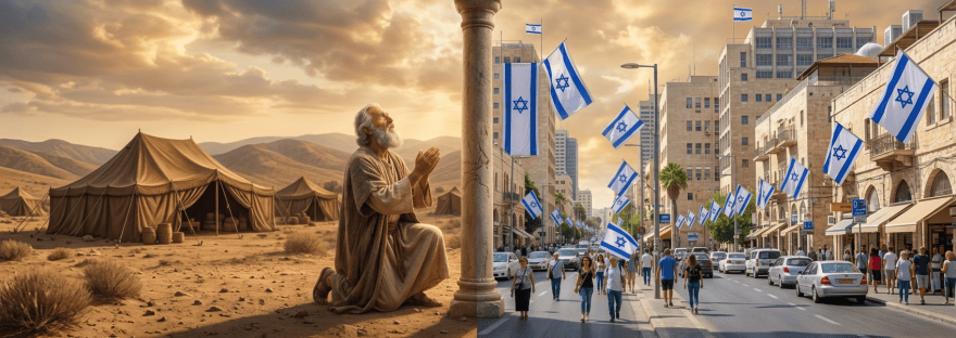 Split scene of Abraham praying in a desert beside a modern Israeli city with flags; text reads “ABRAHAM RECIBIENDO LA PROMESA” and “MODERNO ESTADO DE ISRAEL.”