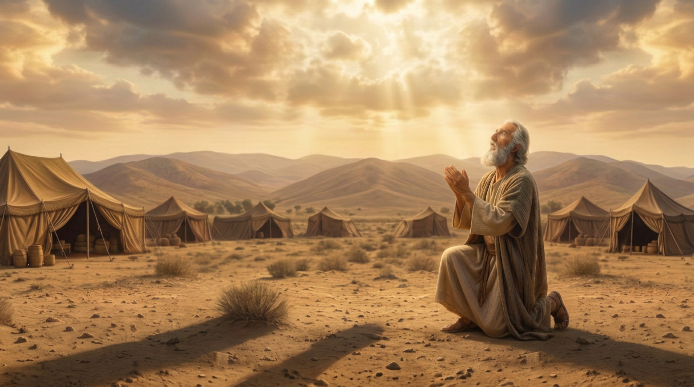 From Biblical Promise to Modern Israel Split scene of Abraham praying in a desert beside a modern Israeli city with flags; text reads “ABRAHAM RECIBIENDO LA PROMESA” and “MODERNO ESTADO DE ISRAEL.”
