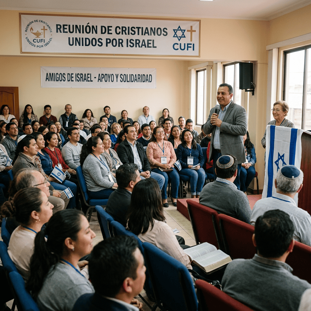 Christian gathering with signs reading “Reunión de Cristianos Unidos por Israel” and “Amigos de Israel - Apoyo y Solidaridad.”