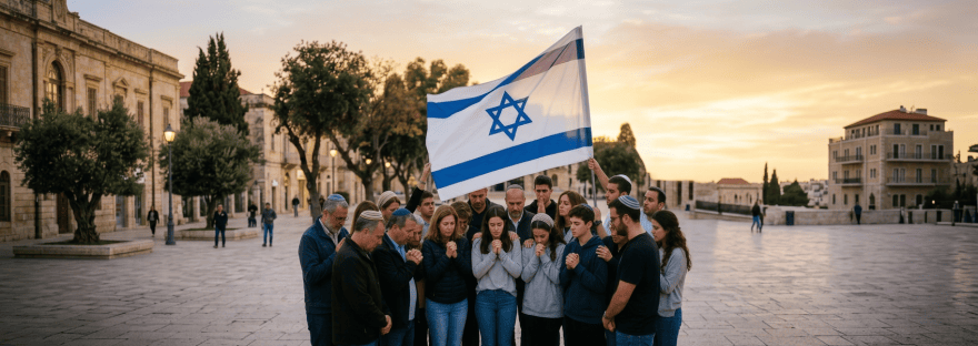 Group of people praying beneath an Israeli flag in a city square
