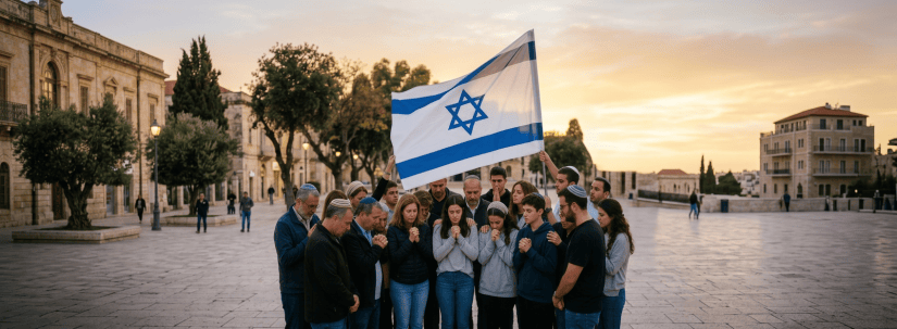 Group of people praying beneath an Israeli flag in a city square