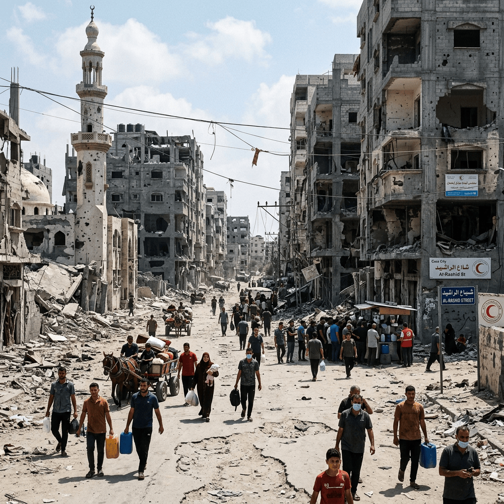 People walk through Gaza City on Al-Raashid Street amid destroyed buildings