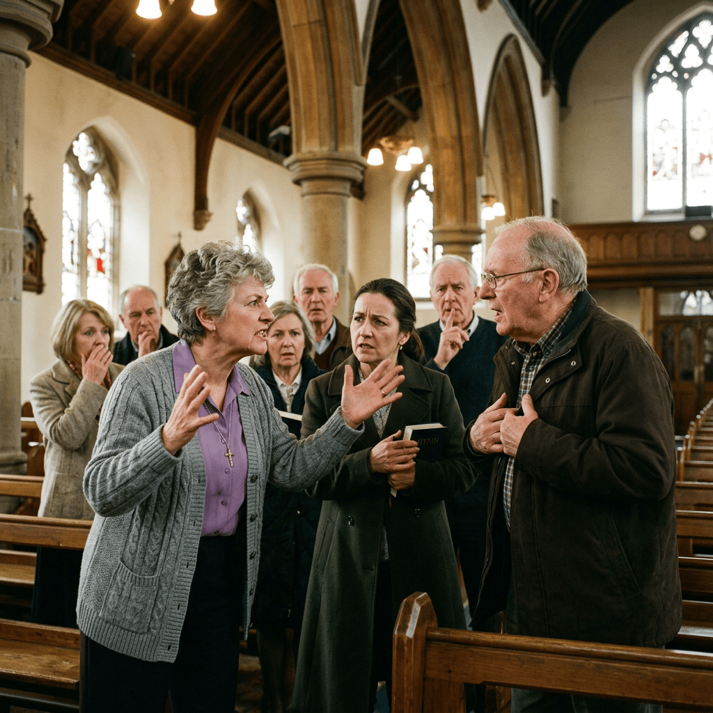Several congregants converse inside a church with stained-glass windows