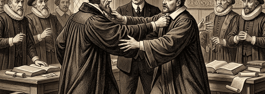 Two robed scholars confront each other while observers watch in a study.