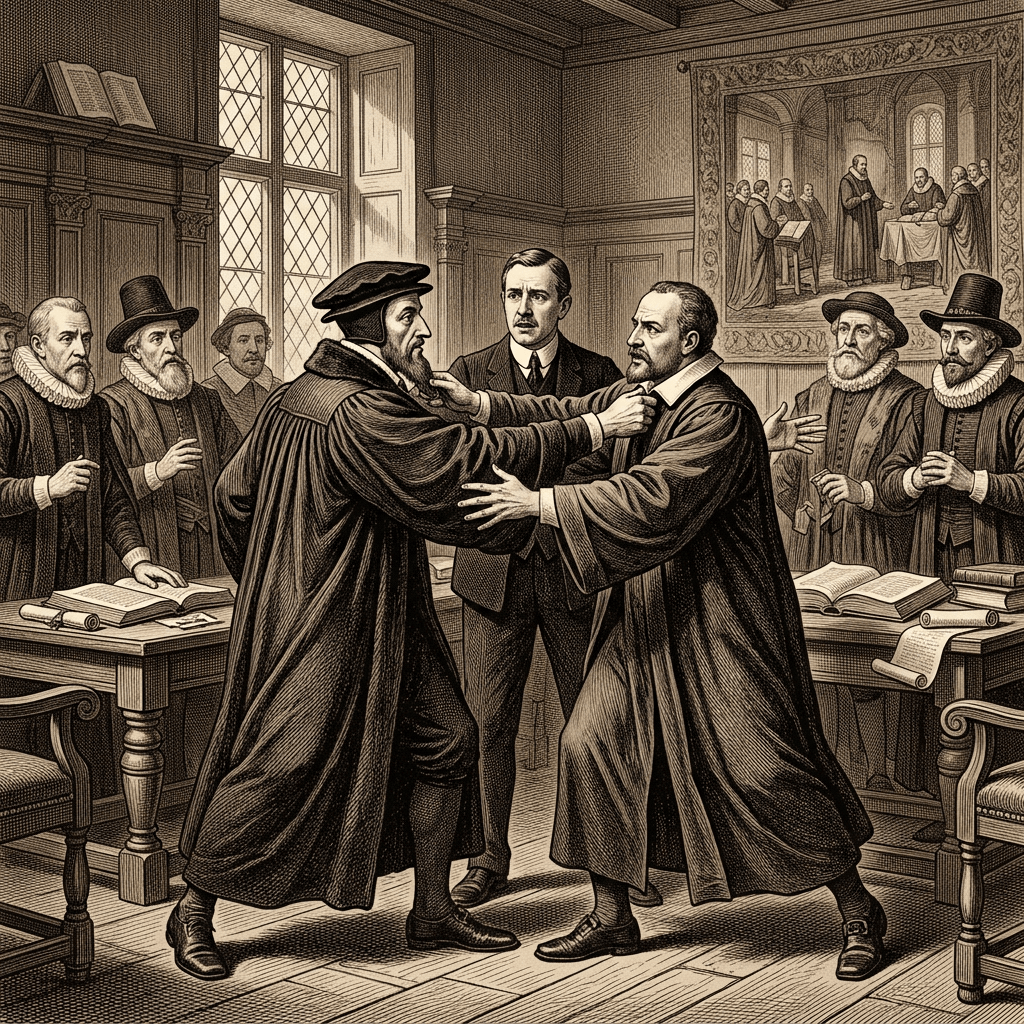 Two robed scholars confront each other while observers watch in a study.