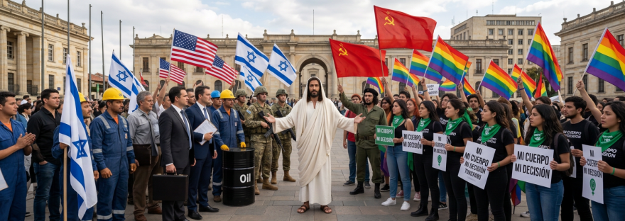 Crowd with American, Israeli, Soviet, and Pride flags surrounding robed figure