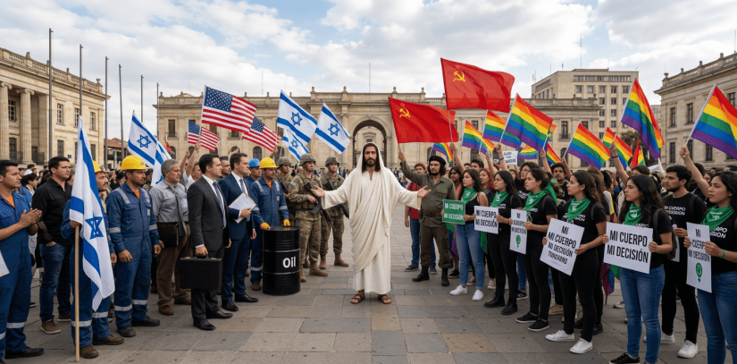 Crowd with American, Israeli, Soviet, and Pride flags surrounding robed figure